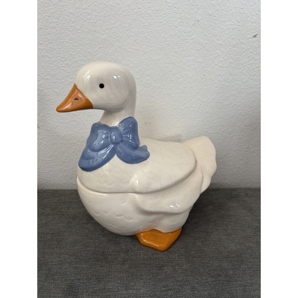 VTG Mother Goose Ceramic Cookie Jar Blue Bow Orange Feet Farmhouse Cottagecore